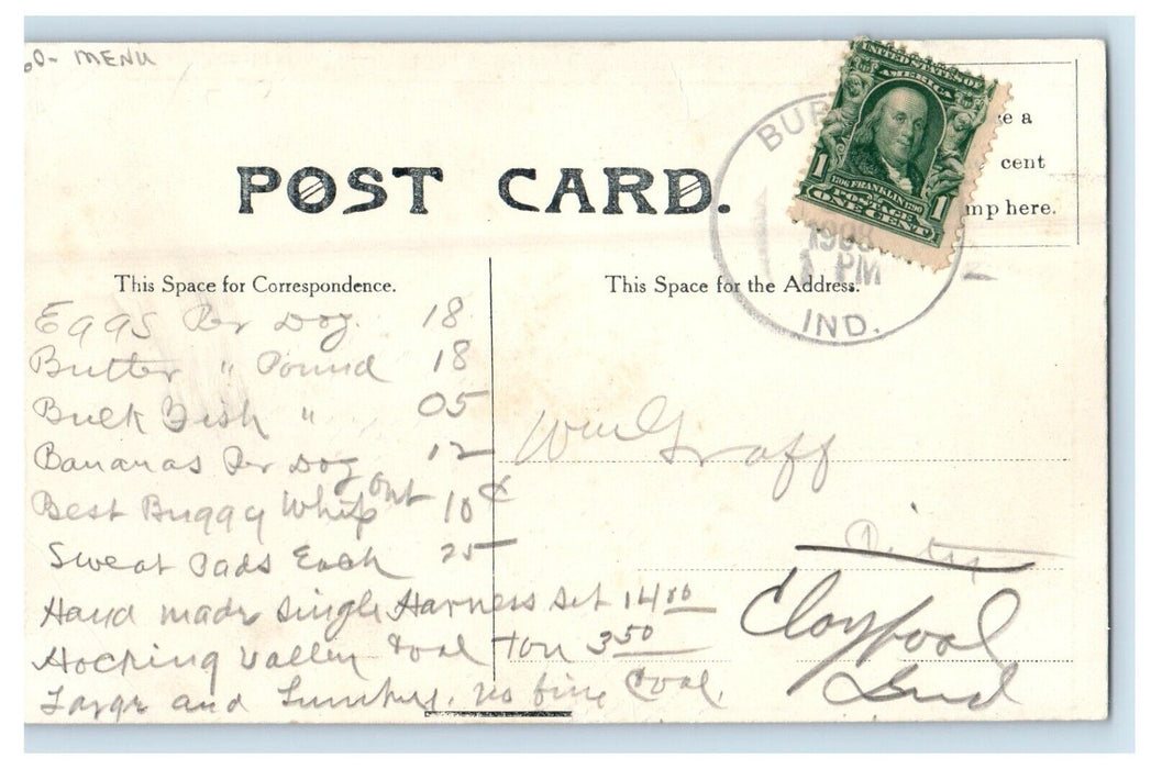 1908 Mendel Bros General Merchandise Menu Burket Indiana IN Antique Postcard