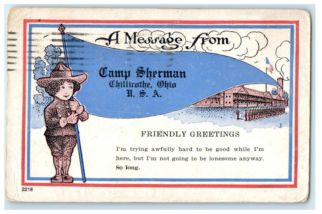 1917 Pennant Child Soldier Greetings Camp Sherman Chilicothe Ohio U.S.A Postcard