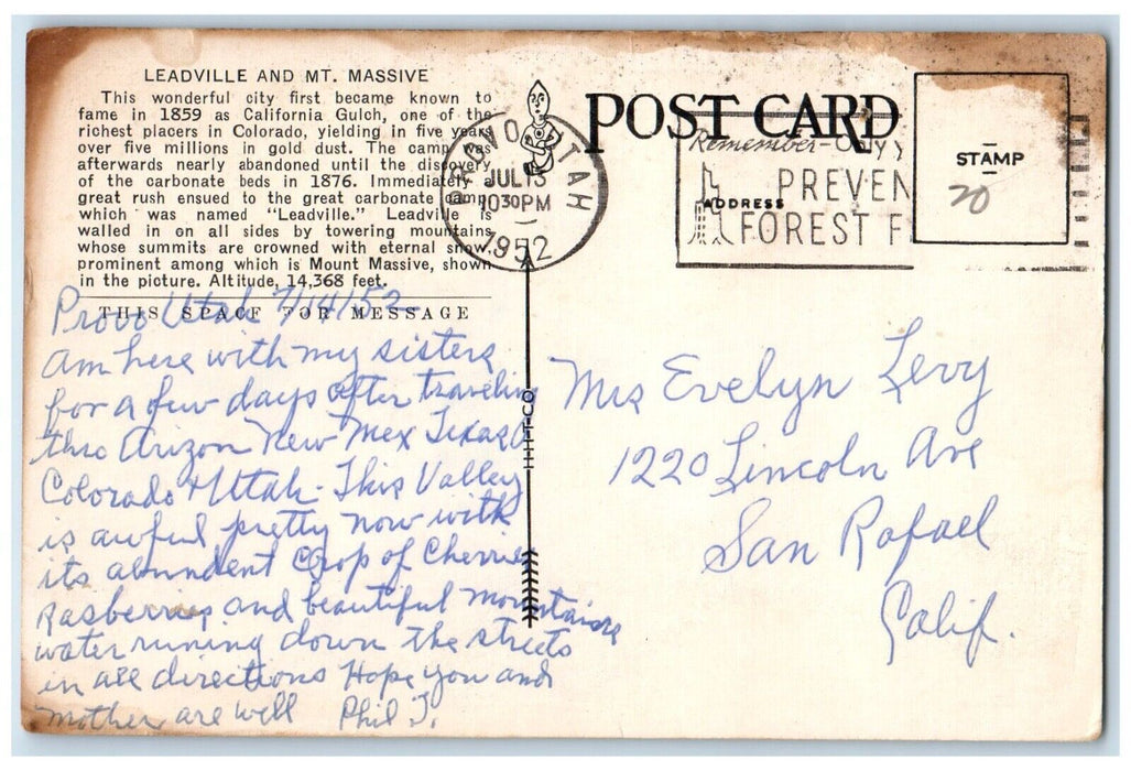 c1952 Leadville Mount Massive Highest Mountain Peak  Colorado CO Posted Postcard