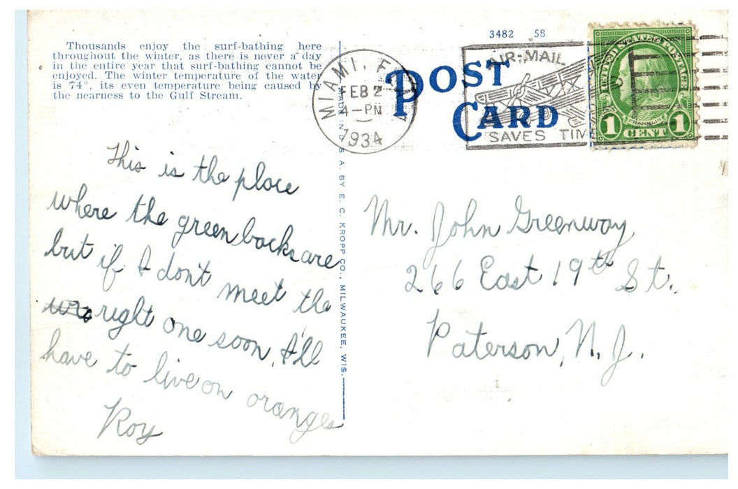 1934 Bathing at Lummus Park Miami Beach Florida FL Cancel Posted Postcard