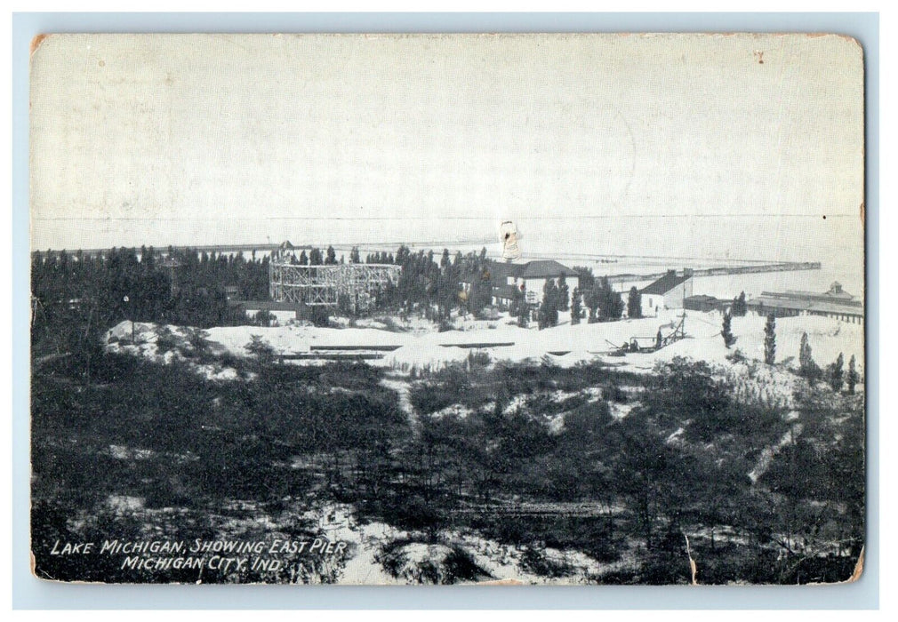 1913 Lake Michigan Showing East Pier Michigan City Indiana IN Antique Postcard