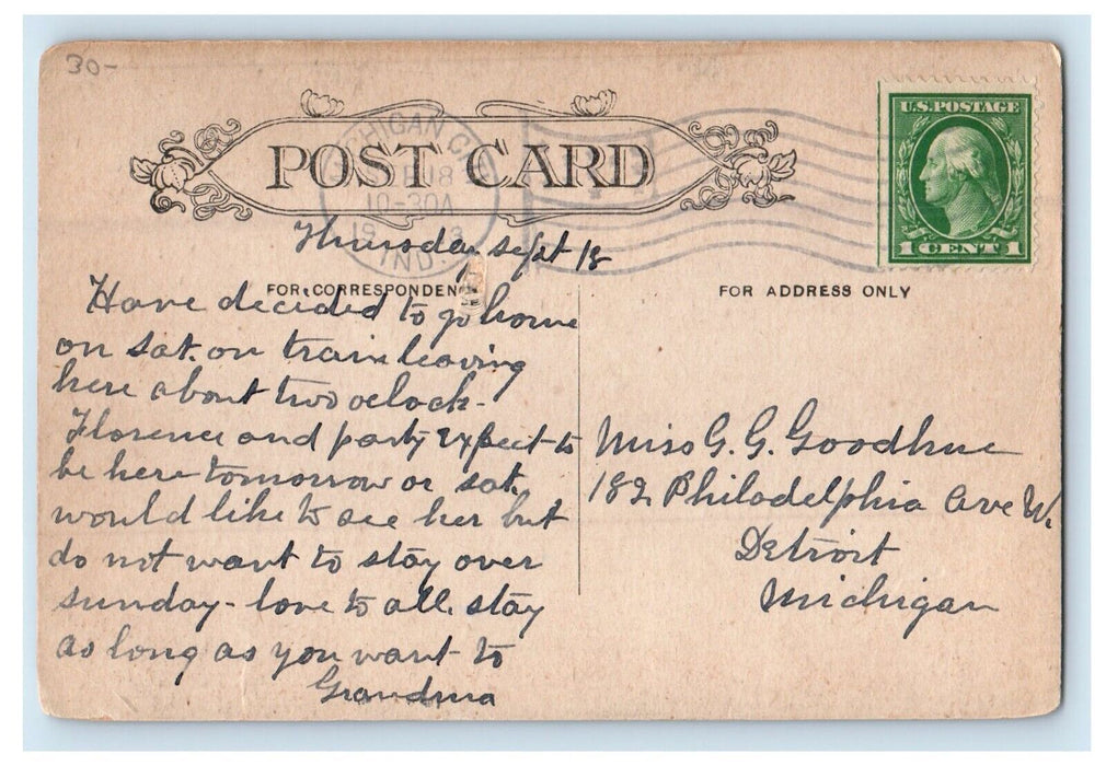 1913 Lake Michigan Showing East Pier Michigan City Indiana IN Antique Postcard