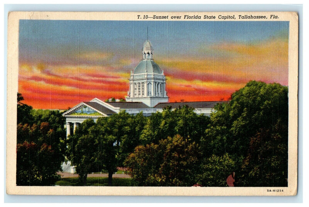 c1930's Sunset Over Florida State Capitol Tallahassee Florida FL Postcard