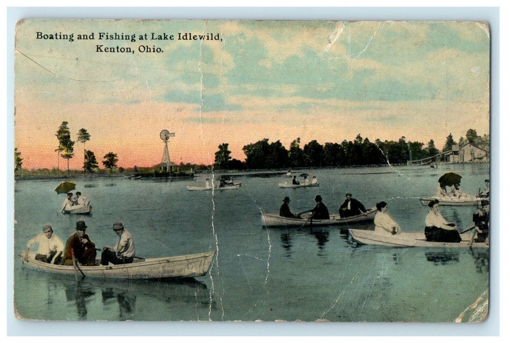 1912 Boating And Fishing At Lake Idlewild Canoeing Kenton Ohio OH Postcard