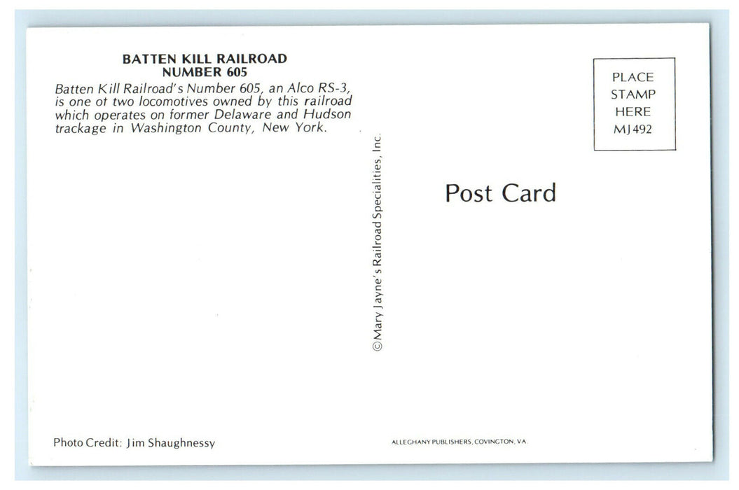 c1950s Batten Kill Railroad Number 605 Washington County New York NY Postcard
