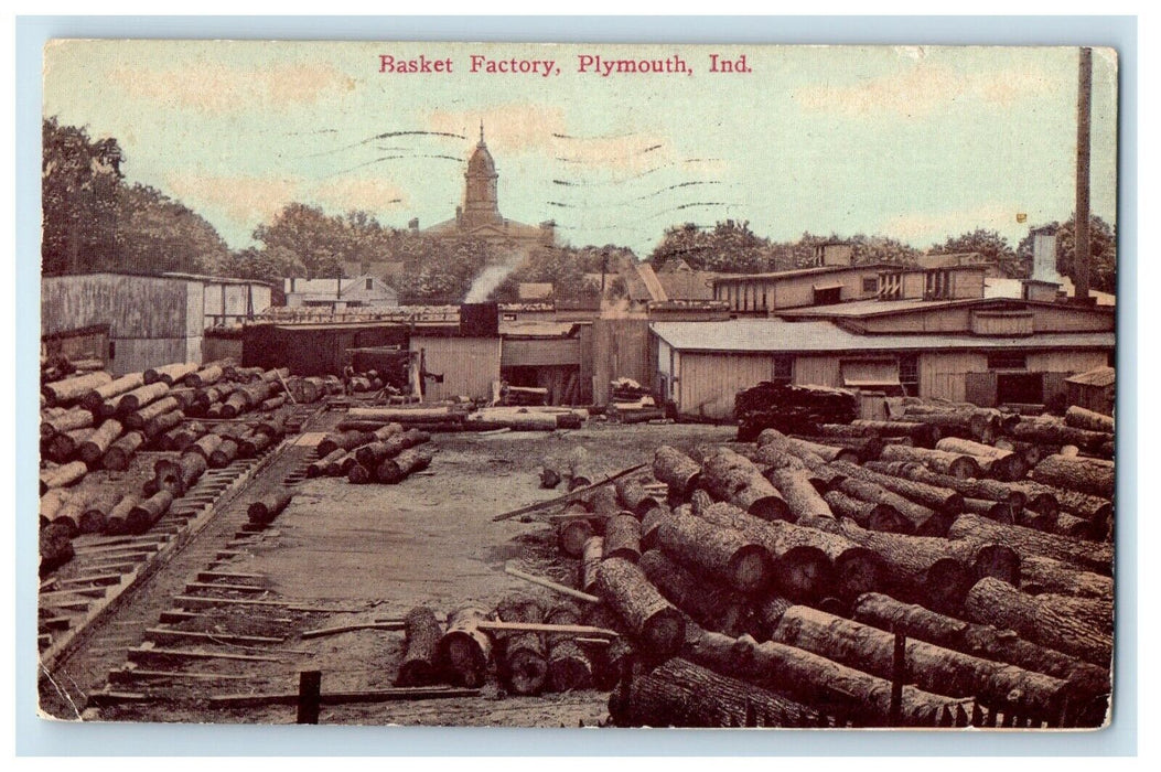 1912 View Of Basket Factory Logs Plymouth Indiana IN Posted Antique Postcard