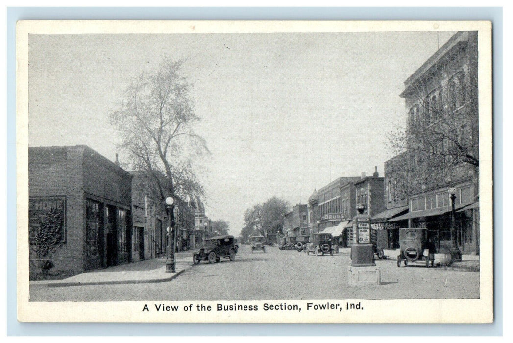 A View Of The Business Section Street View Fowler Indiana IN Antique Postcard
