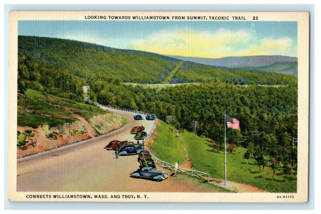 c1940's Williamstown MA, Looking Towards From Summit Taconic Trail Cars Postcard