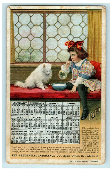 1910 Prudential Insurance Co. Advertising Calendar Dog Girl Bubbles Postcard