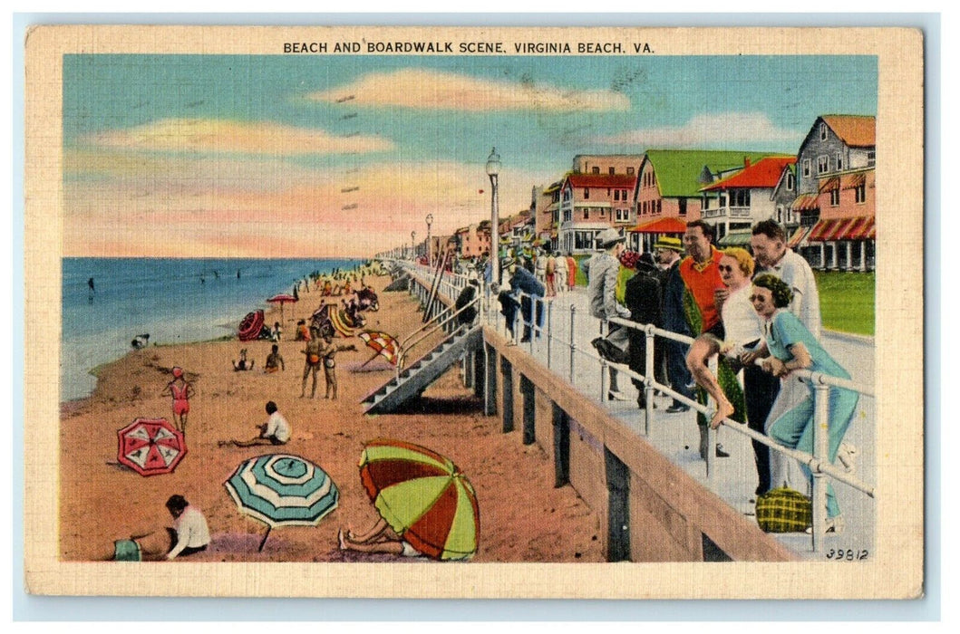 1939 View Of Beach And Boardwalk Scene Virginia Beach VA Vintage Postcard