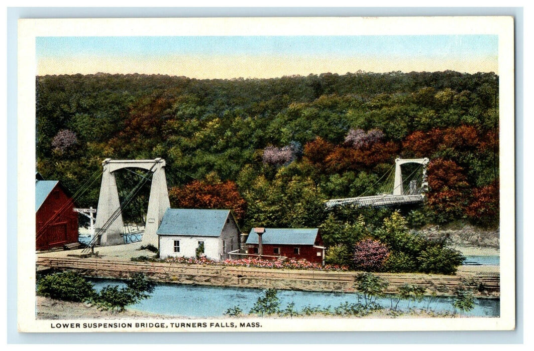 1930 Lower Suspension Bridge, Turners Falls Massachusetts MA Postcard