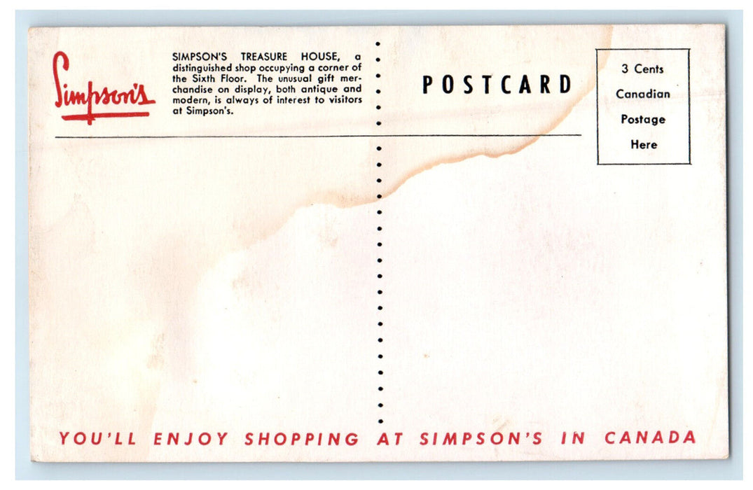 c1950s Simpsons Treasure House, The Unusual Gift Merchandise Canada Postcard