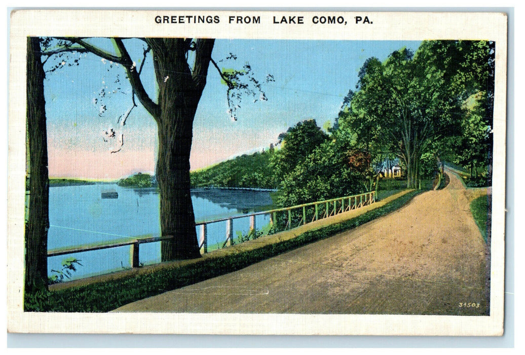 1937 Road and Trees View, Greetings from Lake Como Pennsylvania PA Postcard