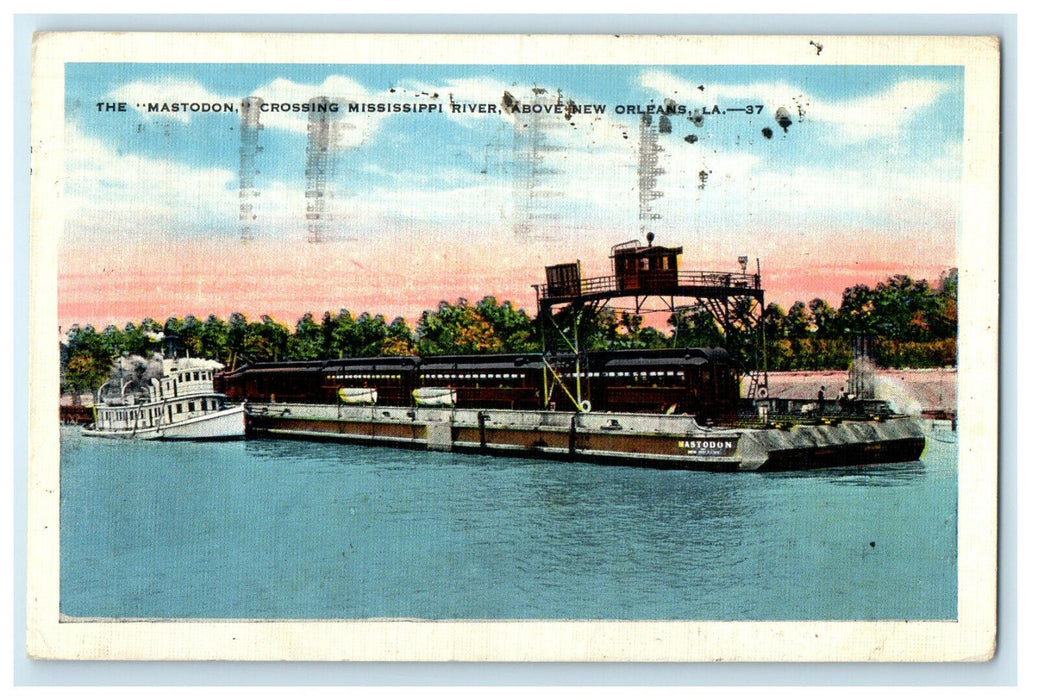 1935 The Mastodon Barge Carrying Train New Orleans Louisiana LA Cancel Postcard