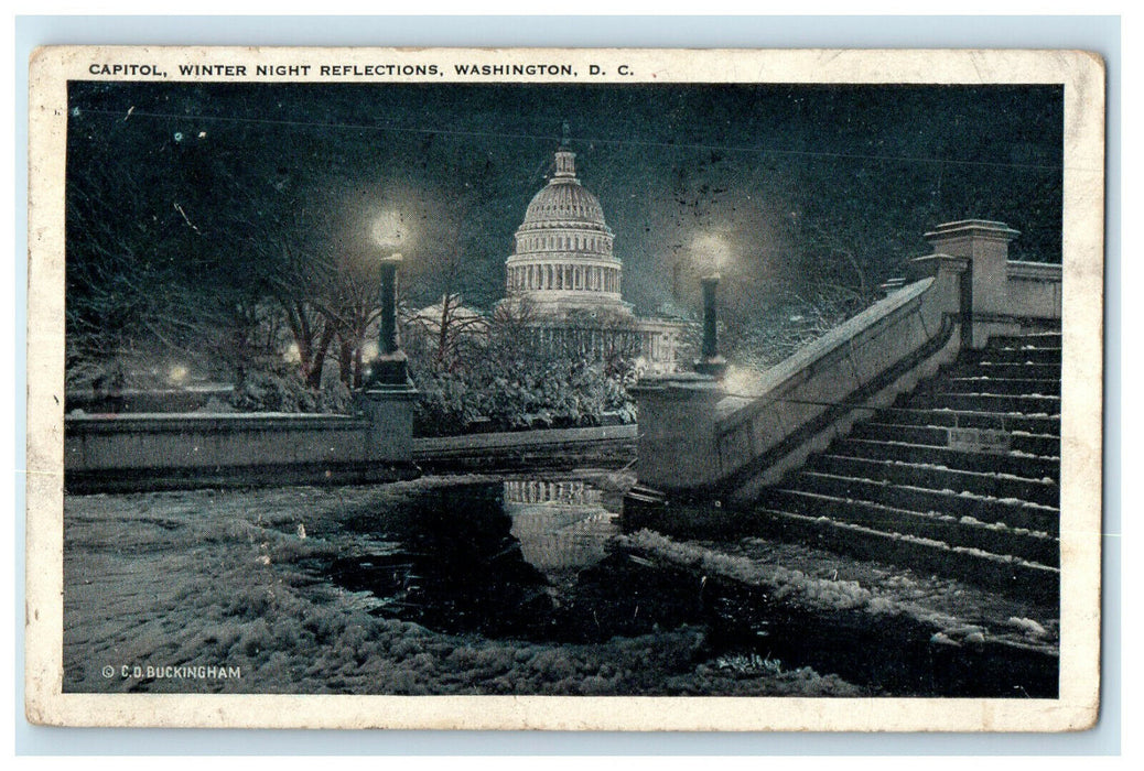 1927 Capitol, Winter Night Reflections, Washington DC Vintage Cancel Postcard
