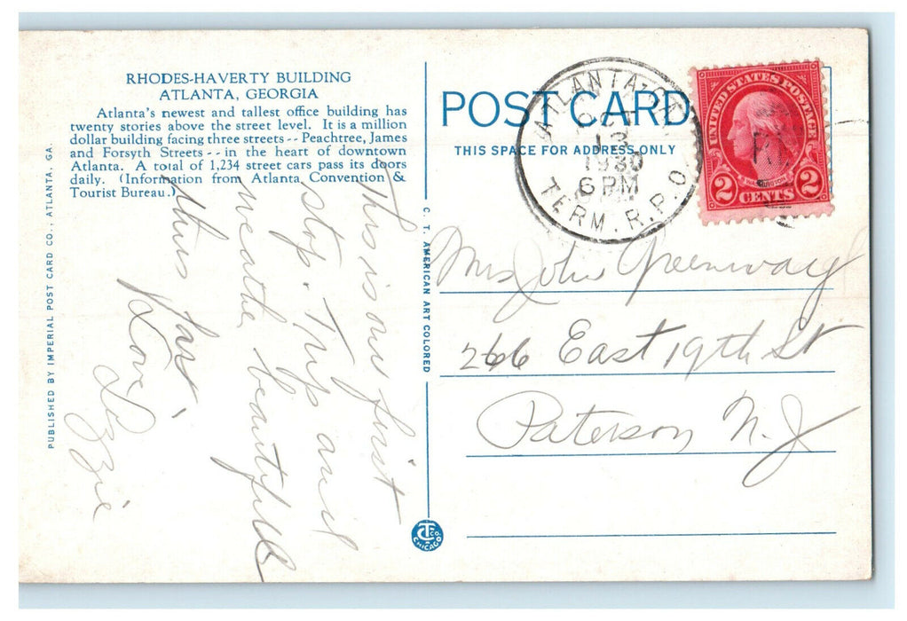 1933 Rhodes Haverty Building Peachtree St. Atlanta Georgia GA TERM RPO Postcard