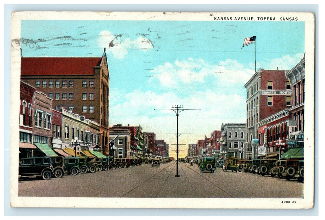 1934 Flag Standing & Trolley Car Wires Kansas Avenue Topeka Kansas KS Postcard