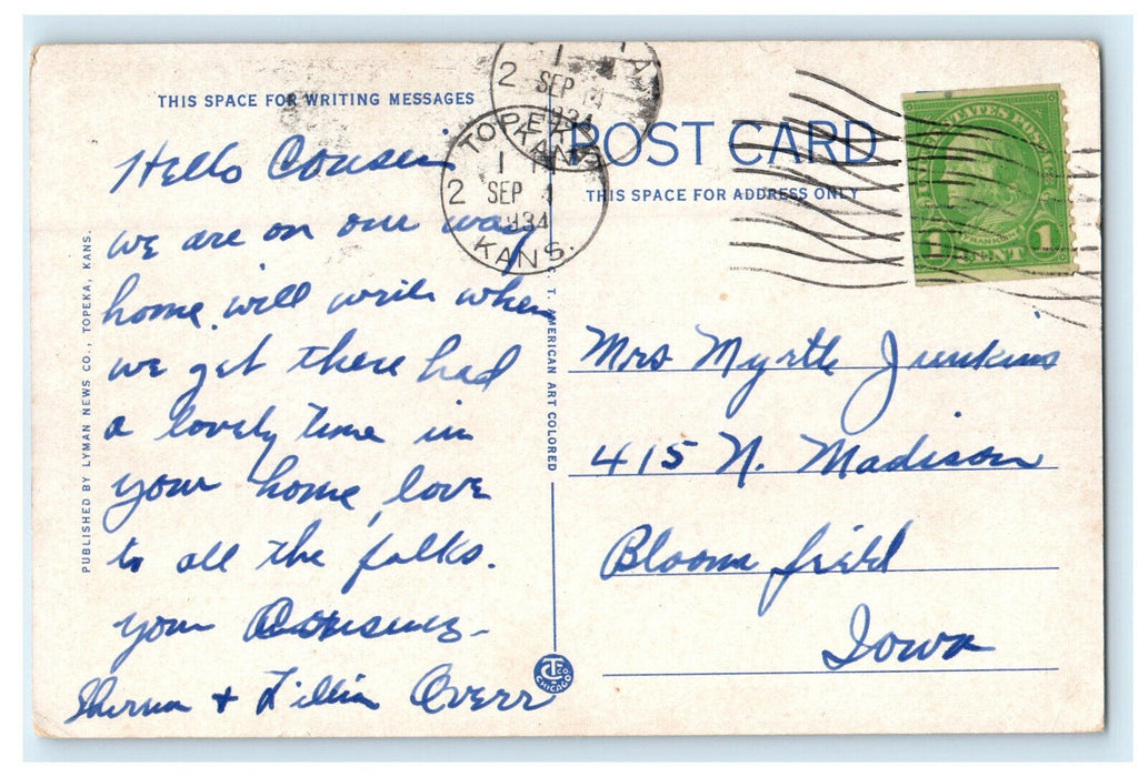 1934 Flag Standing & Trolley Car Wires Kansas Avenue Topeka Kansas KS Postcard