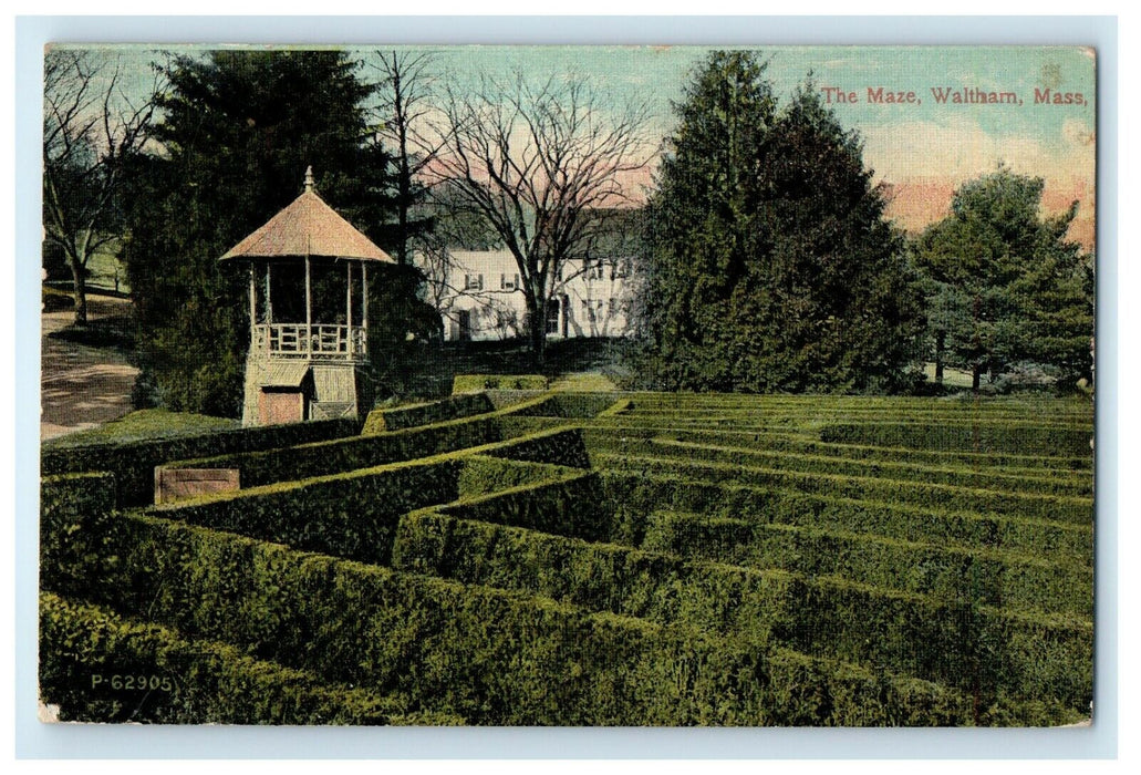 1912 The Maze View Gazebo Waltham Massachusetts MA Posted Antique Postcard