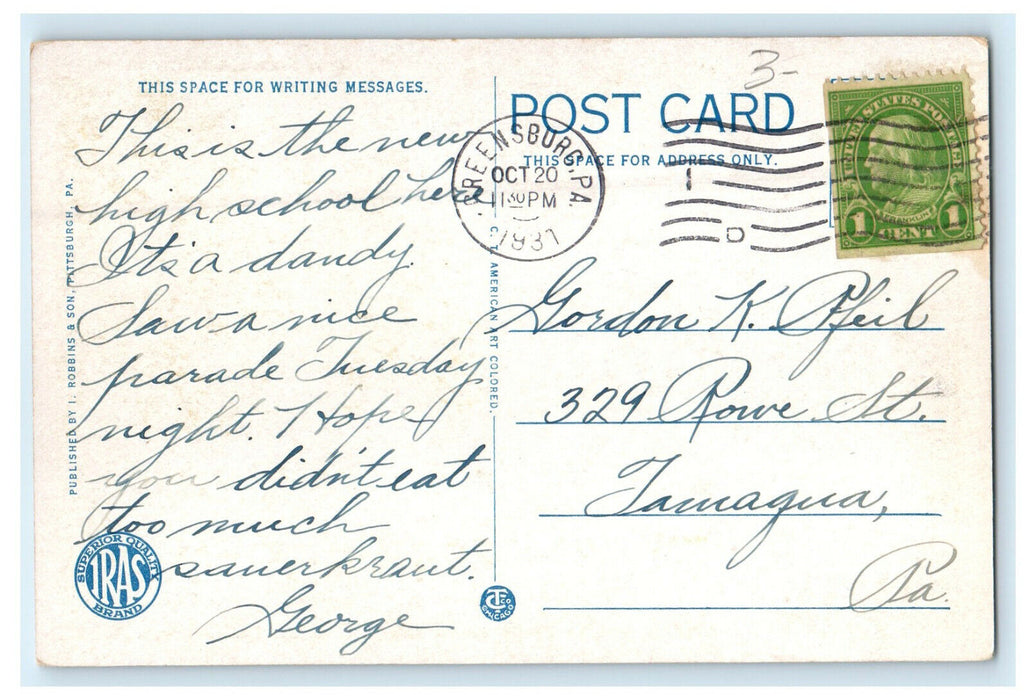 1931 View of the High School in Greensburg Pennsylvania PA Posted Postcard