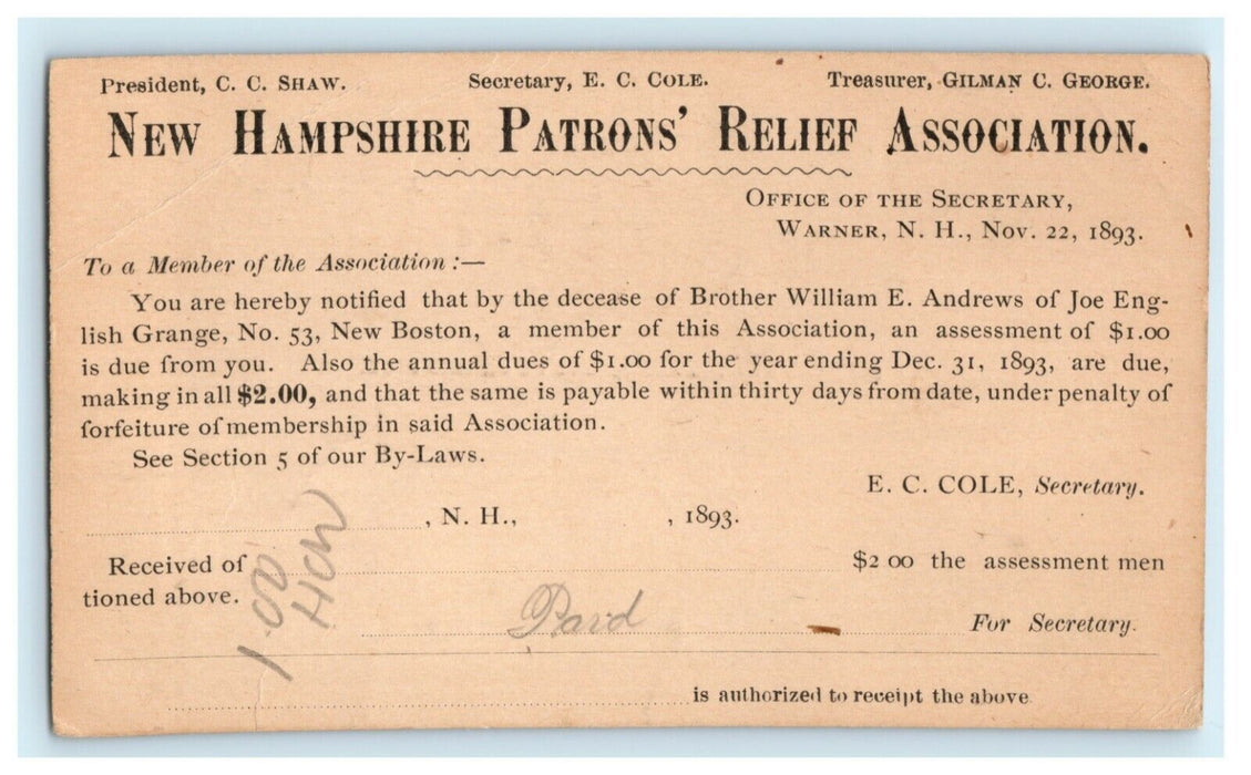 1893 New Hampshire Patrons' Relief Association Bill Warner North Sutton Postcard
