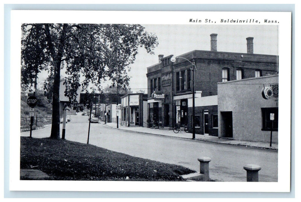 A View Of Main Street Rexall Sign Cars Baldwinville Massachusetts MA Postcard