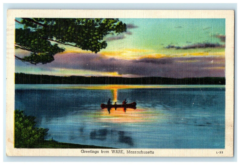 1947 Greetings From Ware Boat On Lake Scene Massachusetts MA Vintage Postcard