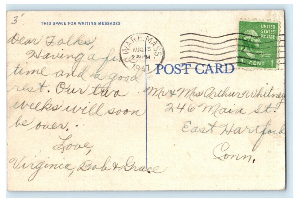 1947 Greetings From Ware Boat On Lake Scene Massachusetts MA Vintage Postcard