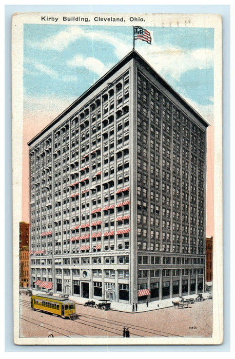 1923 Trolley Car Scene, Kirby Building Cleveland Ohio OH Vintage Cancel Postcard