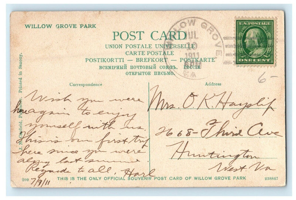 1911 Mountain Scenic Railway Willow Grove Park Pennsylvania PA Antique Postcard