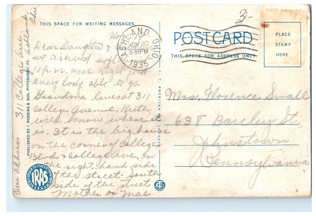 1935 Samaritan Hospital Ashland Ohio OH Posted Vintage Postcard