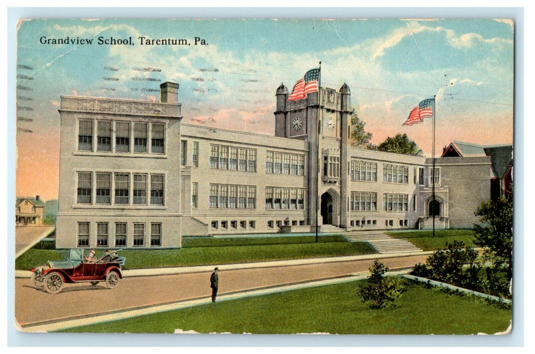 1916 Grandview School Building Car Flag Tarentum Pennsylvania PA Postcard