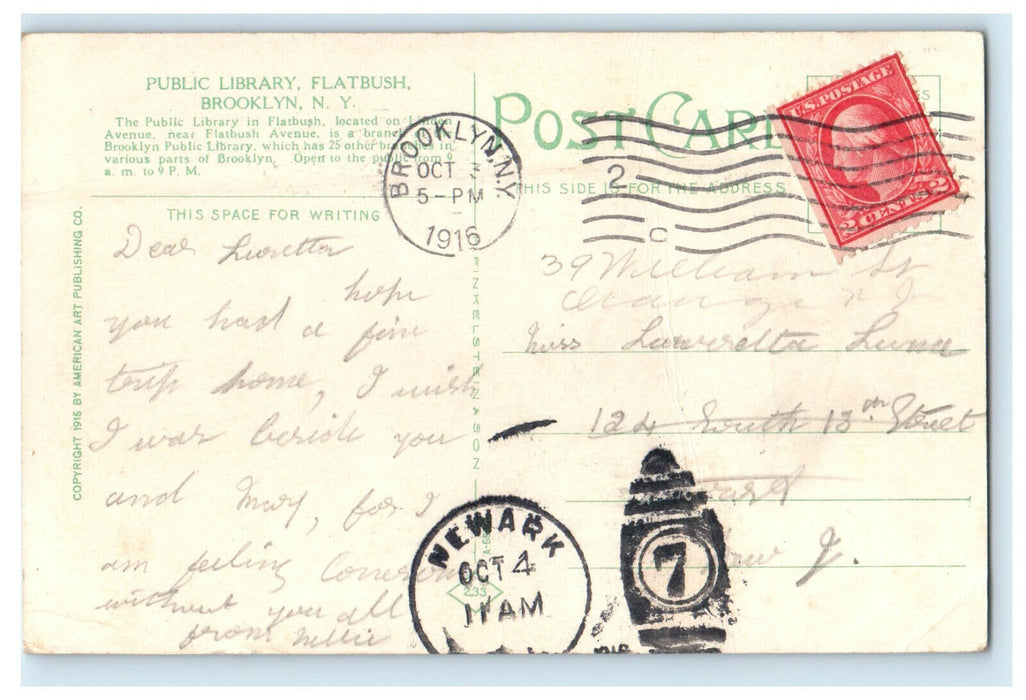 1916 Newark NJ Public Library, Flatbush, Brooklyn New York NY Posted Postcard