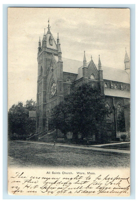 1908 All Saints Church Street View Ware Massachusetts MA Antique Postcard