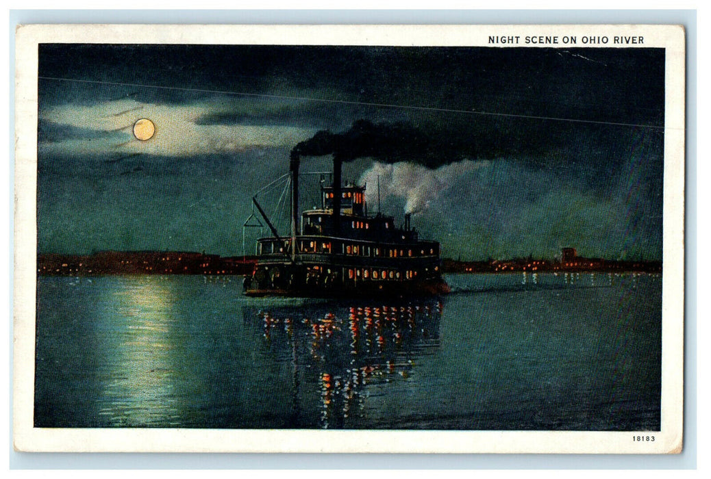 1935 Steamboat Night Full Moon Ohio River Steamer OH Posted Vintage Postcard