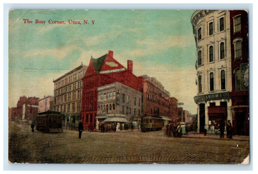 1911 Tranvia Scene Busy Corner, Utica New York NY Posted Antique Postcard