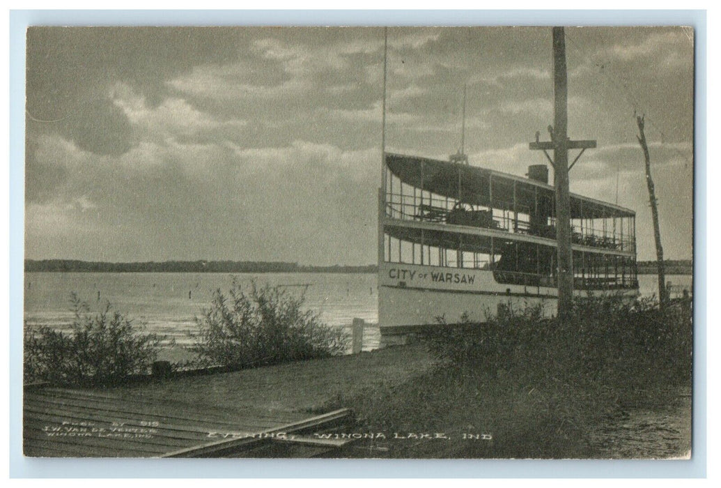 c1910's Evening Winona Lake Indiana IN, City Of Warsaw Boat Ship Postcard