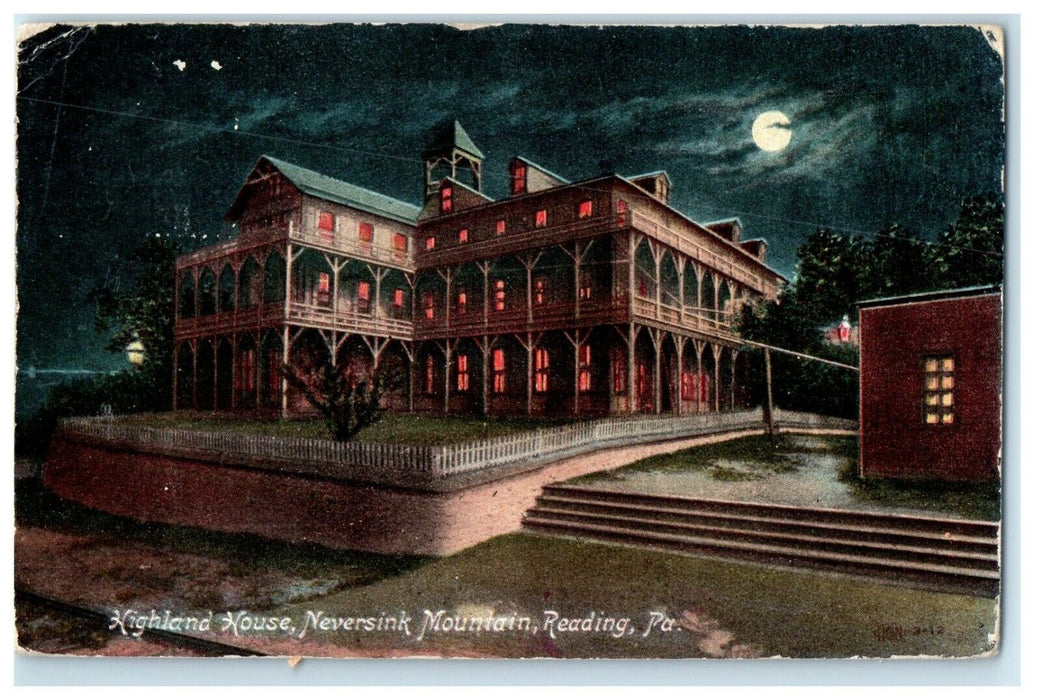 1909 Highland House Neversink Mountain Moonlight View Reading PA Postcard