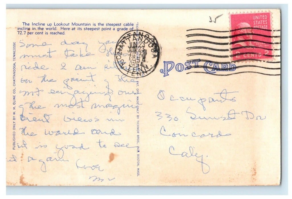 1954 The Steep Grade Incline Lookout Mountain Chattanooga Tennessee TN Postcard