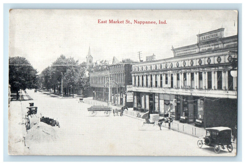c1910's East Market Street Car Horse Cart Nappannee Indiana IN Antique Postcard