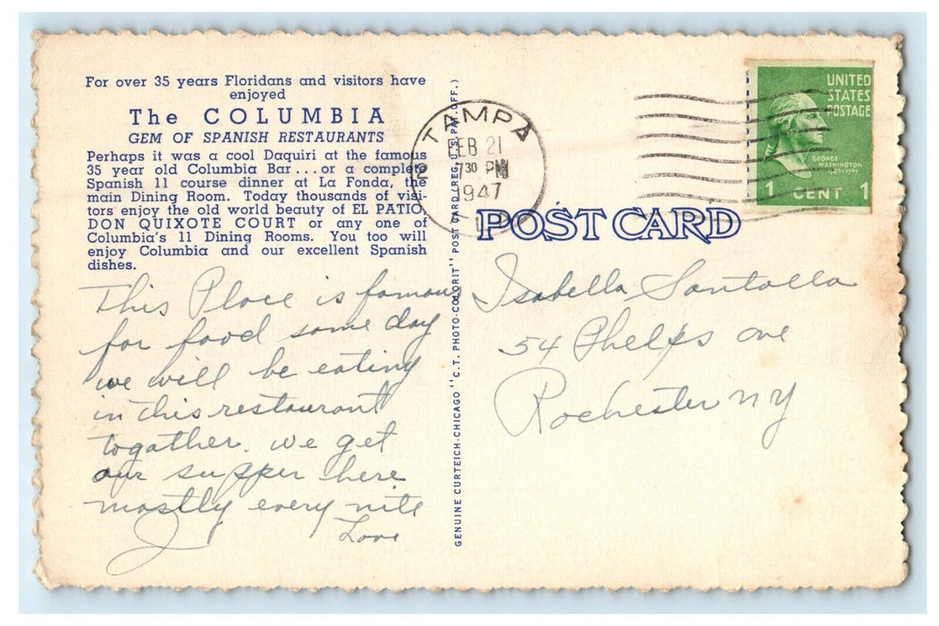 1947 Columbia Spanish Restaurant Tampa Florida FL Multiview Postcard