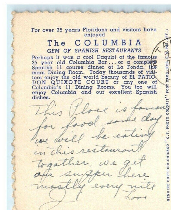 1947 Columbia Spanish Restaurant Tampa Florida FL Multiview Postcard