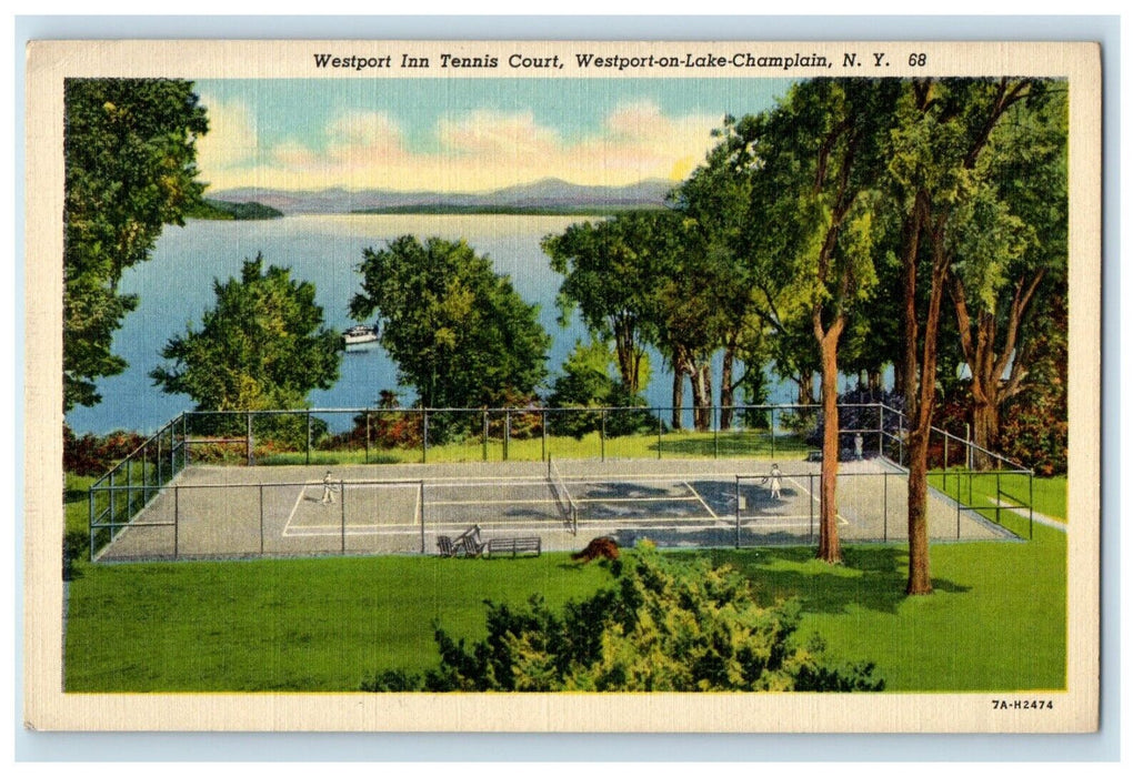 1940 Westport Inn Tennis Court Boat Westport In Lake Champlain NY Postcard