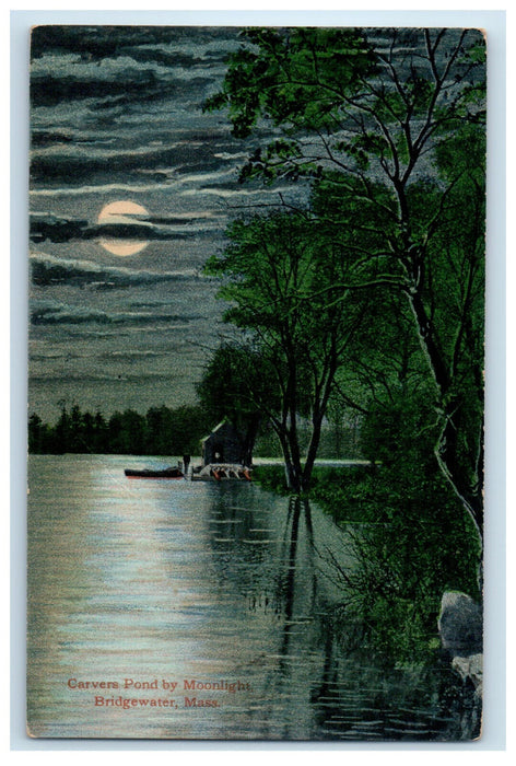 c1910 Carvers Pond By Moonlight Bridgewater Massachusetts MA Postcard