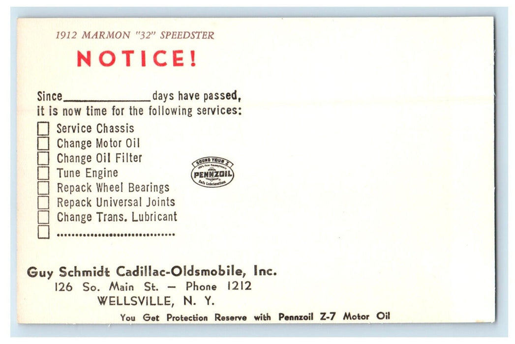 Guy Schmidt Cadillac Oldsmobile Inc. Pennzoil Advertising Wellsville NY Postcard