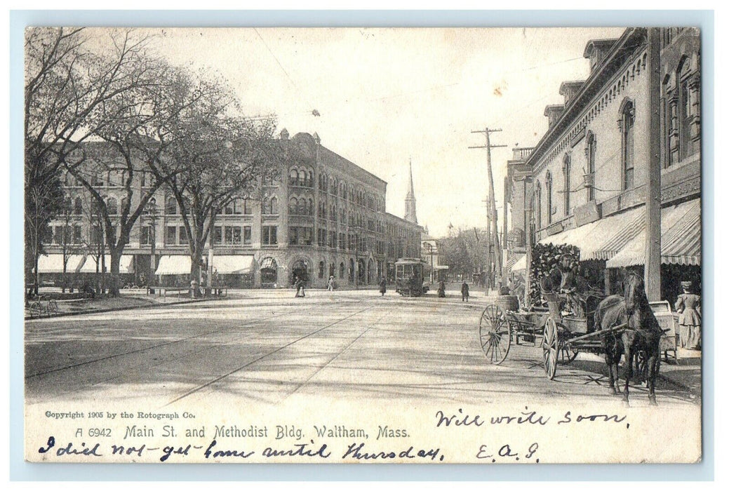 1905 Main Street Methodist Building Trolley Waltham Massachusetts MA Postcard