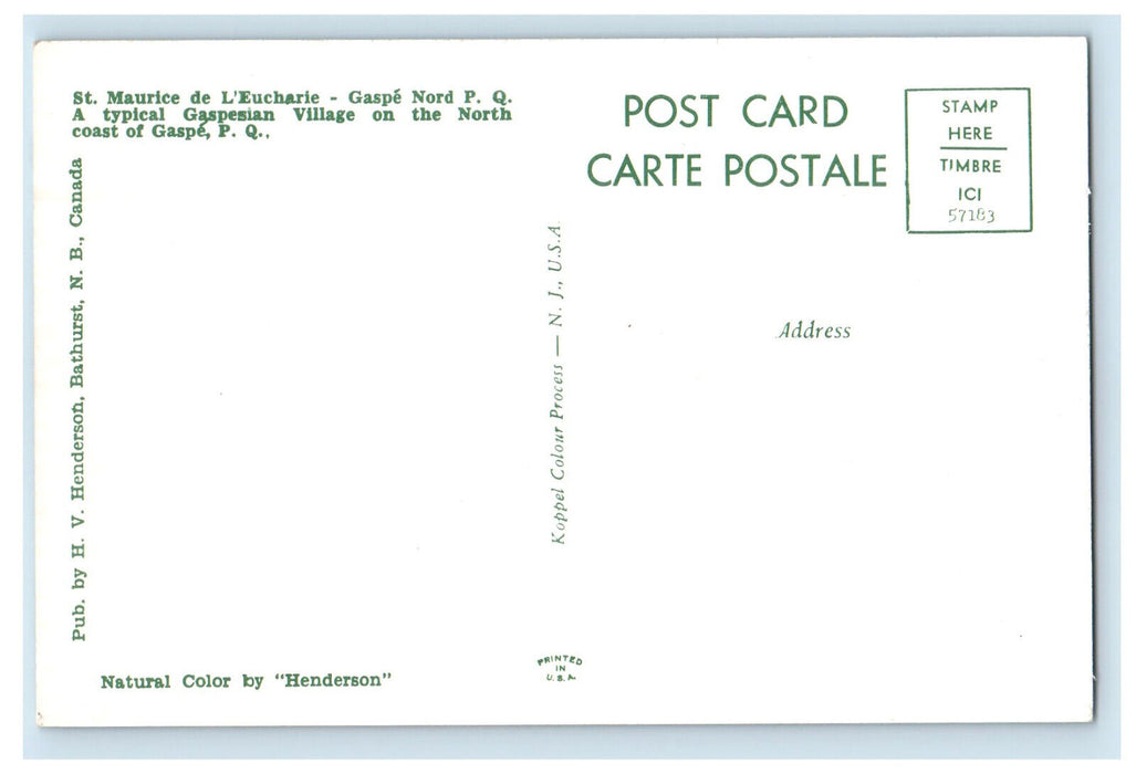 c1950s St. Maurice de L' Eucharie Gaspe Quebec Canada Unposted Postcard