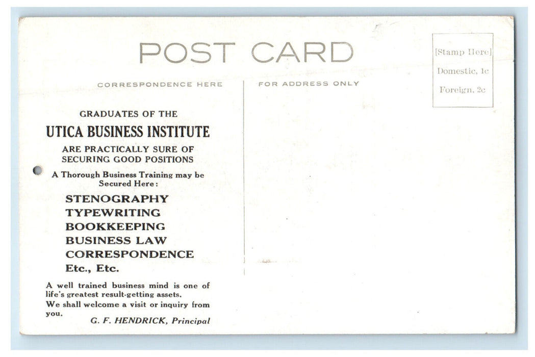1913 Utica Business Institute School Art NY Calendar Advertising Postcard