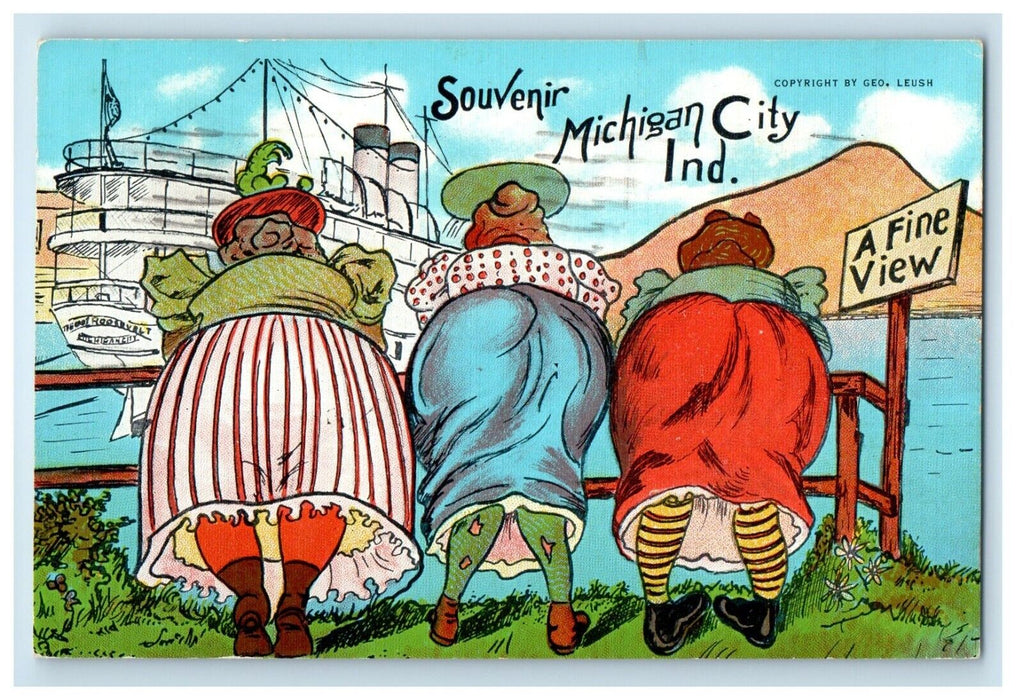 1942 Souvenir Michigan City Indiana IN, Fine View Three Girls Big Butt Postcard