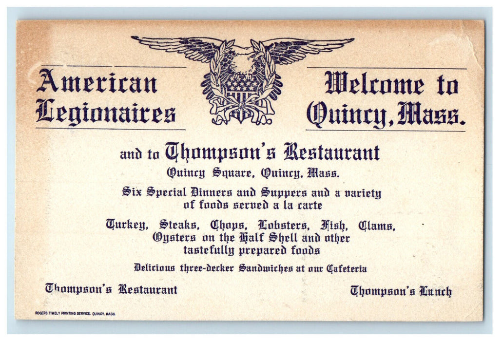 c1905 Thompson's Restaurant Quincy Square Quincy Massachusetts MA Postcard